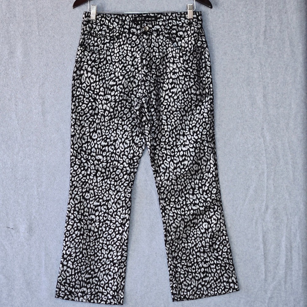 R V T Jeans Womens Size 13/14 White/Black Leopard Print Classic Casual Mid Rise